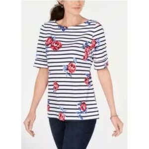 Karen‎ Scott Women XL Stripe Floral White Shirt Causal Feminine Momcore Dopamine